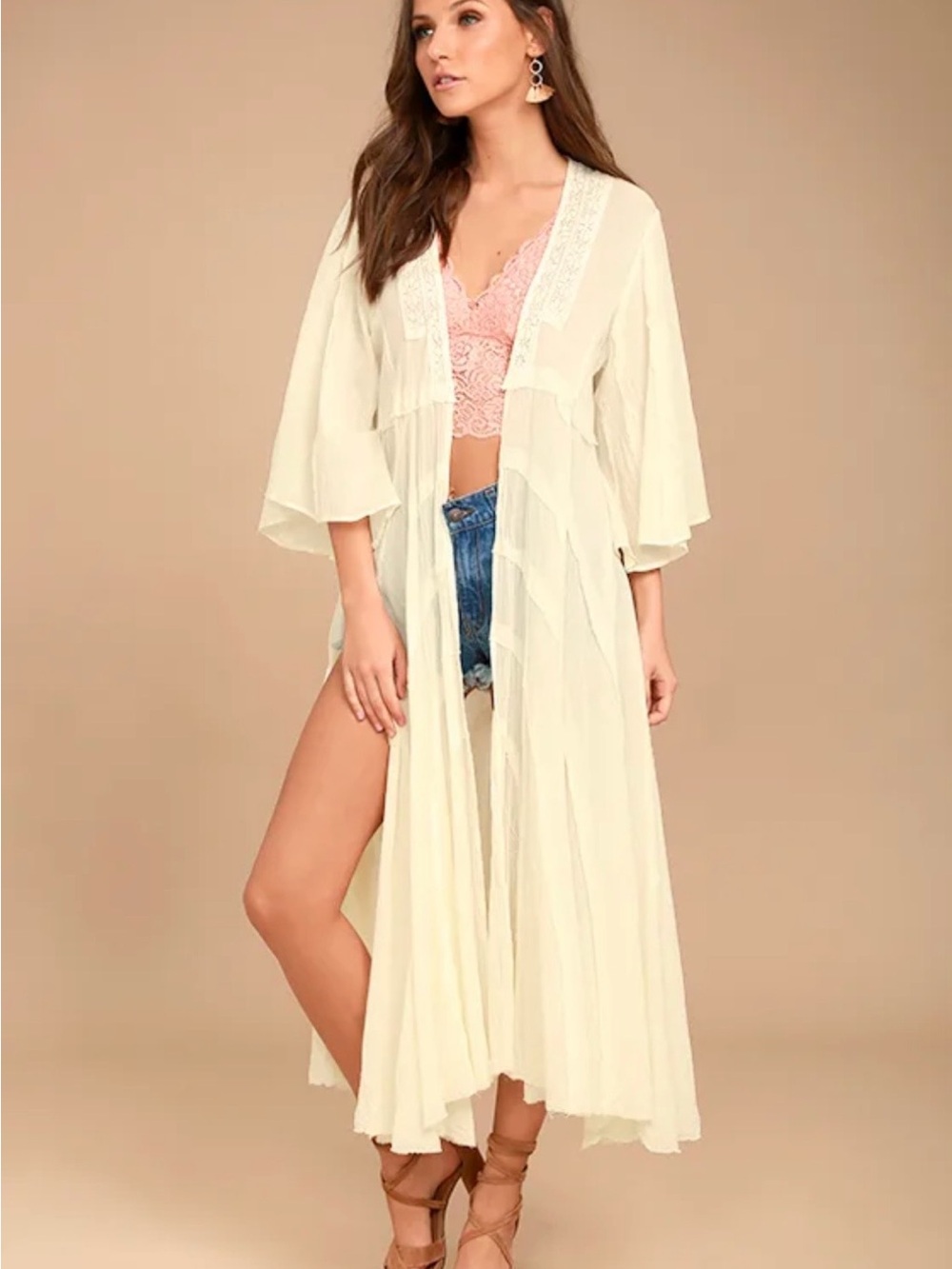 Free People Cream Lace-Trim Duster Kimono